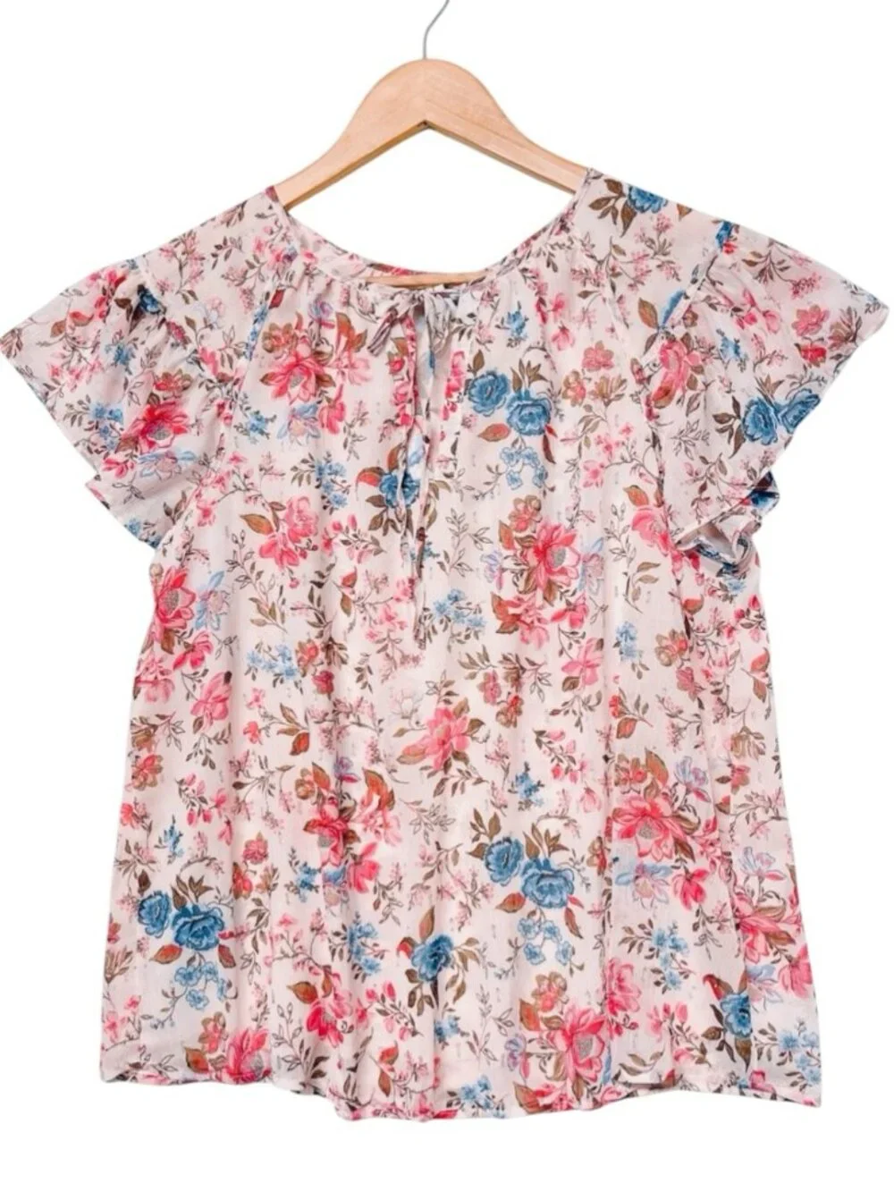 Joie Pink Floral Flutter-Sleeve Blouse with Blue Accents Women’s M - Picture 2 of 10